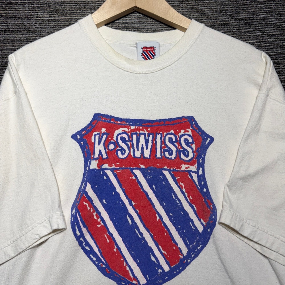 K-Swiss Vintage Shirt Men XL White SS Shield Logo Graphic Distressed Made USA